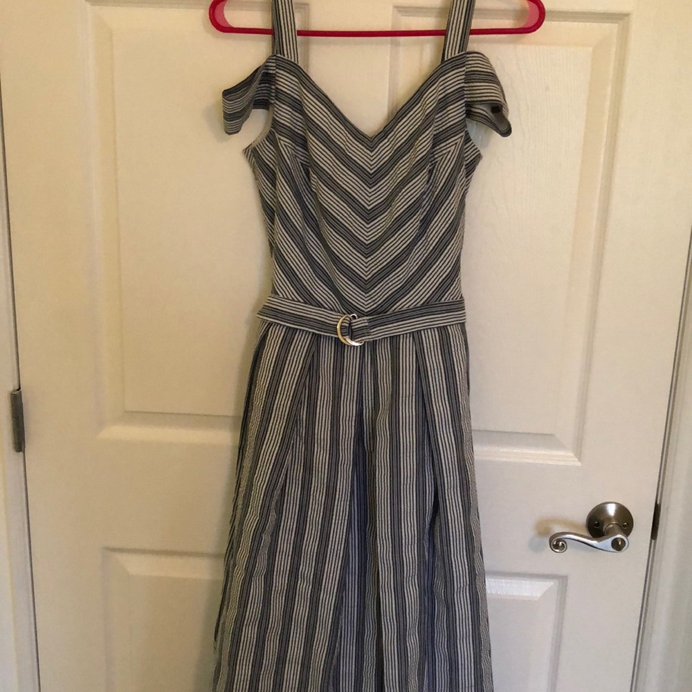 Blue and white striped midi dress